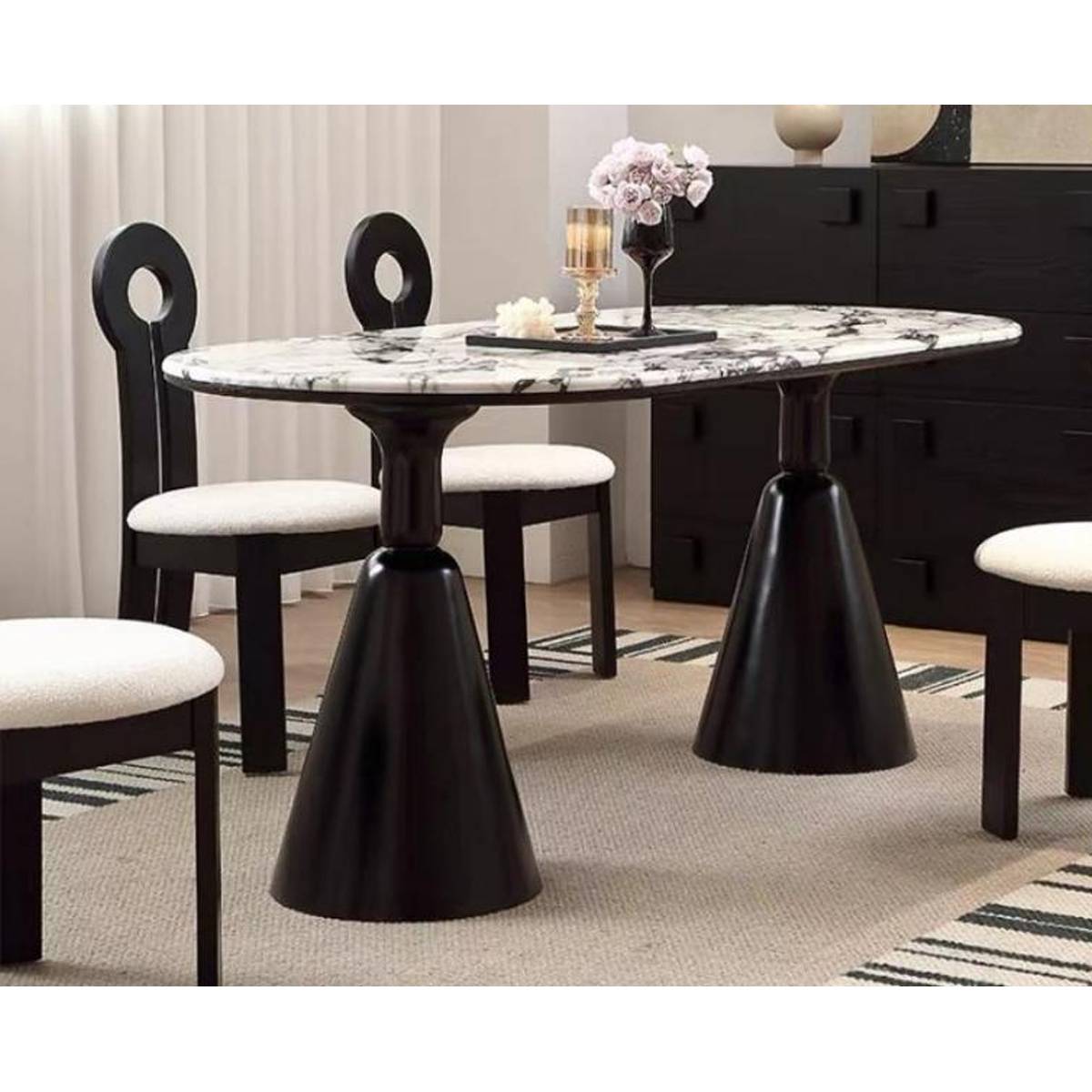 Side view of the marble dining table showing the pedestal base