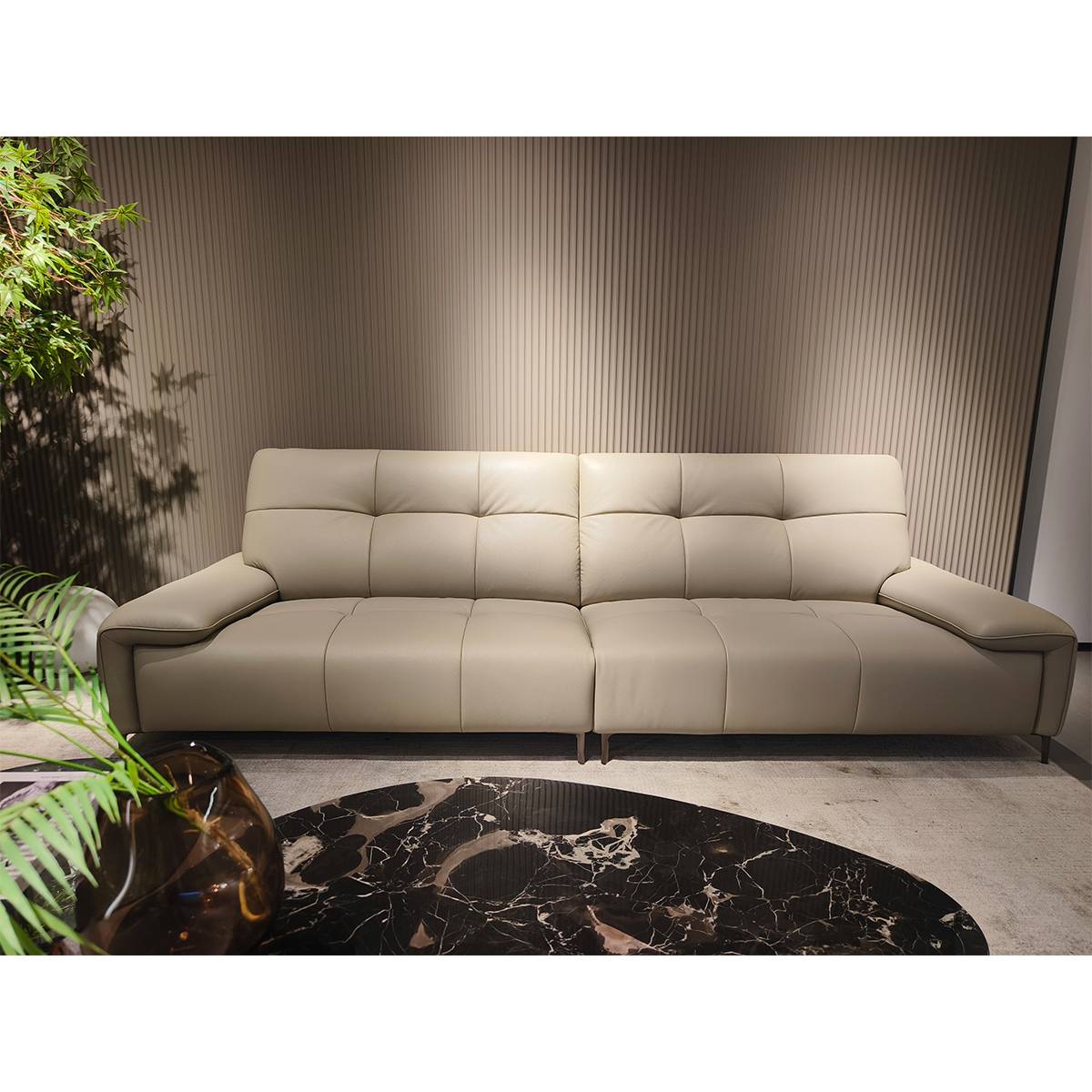 Front view of the beige leather sofa