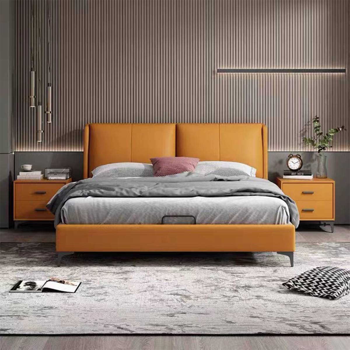 Front view of the same bed model upholstered in orange leather, showing color variation.