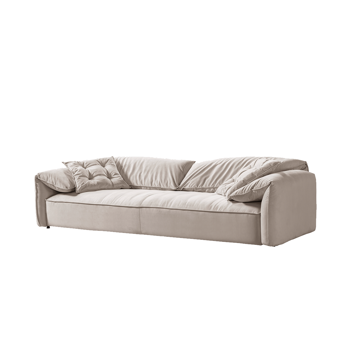 Side angle view of the sofa showing the plush cushions and armrests