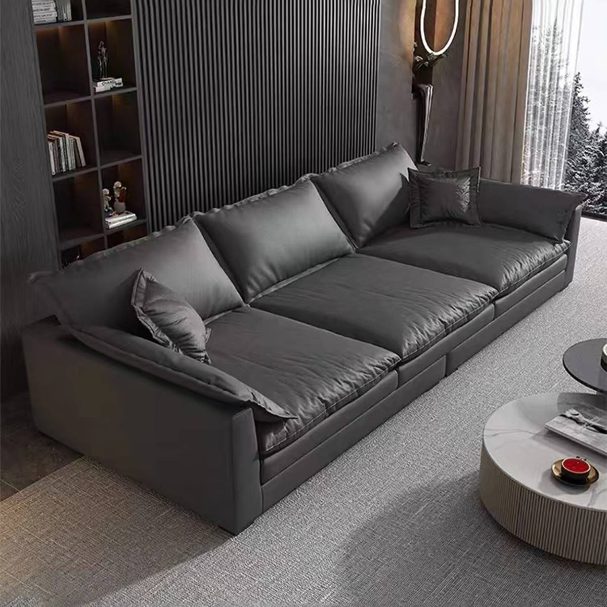 Dark grey 3-seater fabric sofa in a modern living room setting