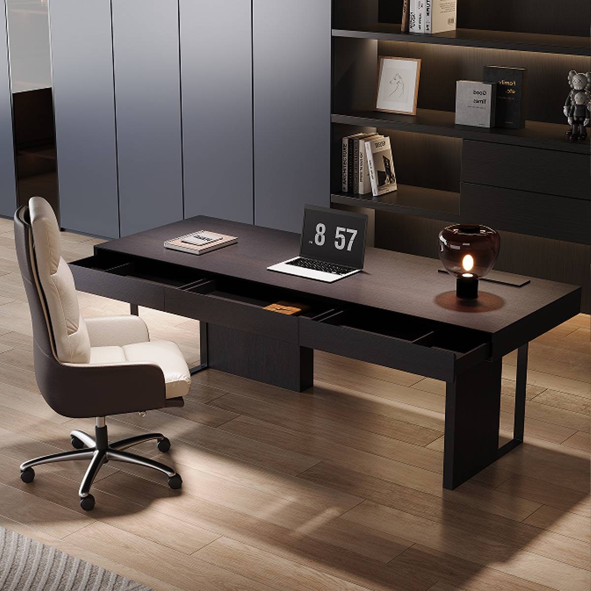 Top-down view showing the desk drawers and surface layout