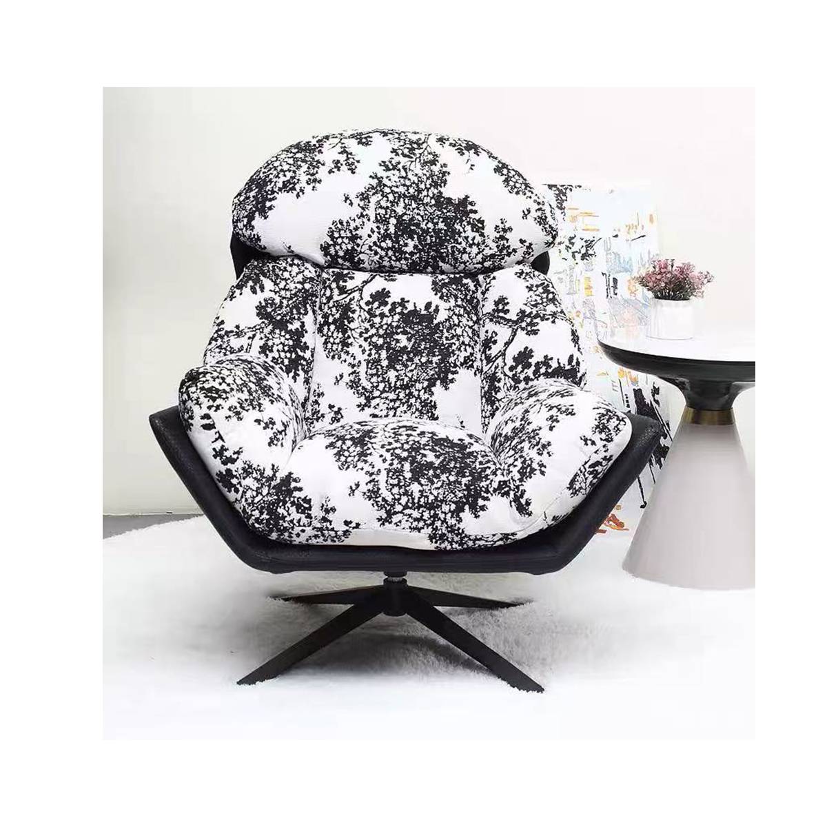 Front view of the lounge chair on a white rug