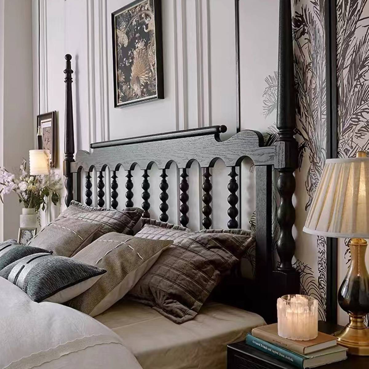 Full view of the mid-century bed in a bedroom setting