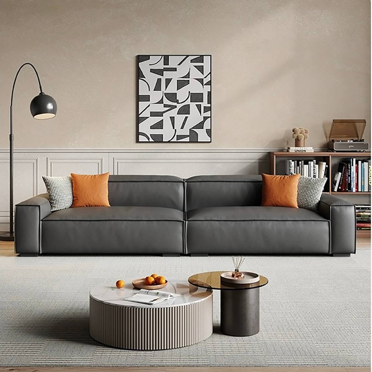 Front view of grey modular block sofa