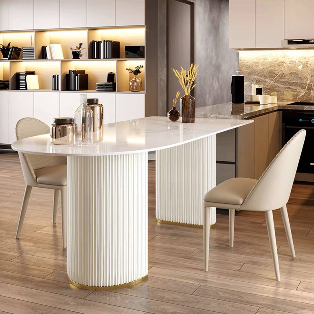 Side view of the dining table highlighting the rounded and square ends
