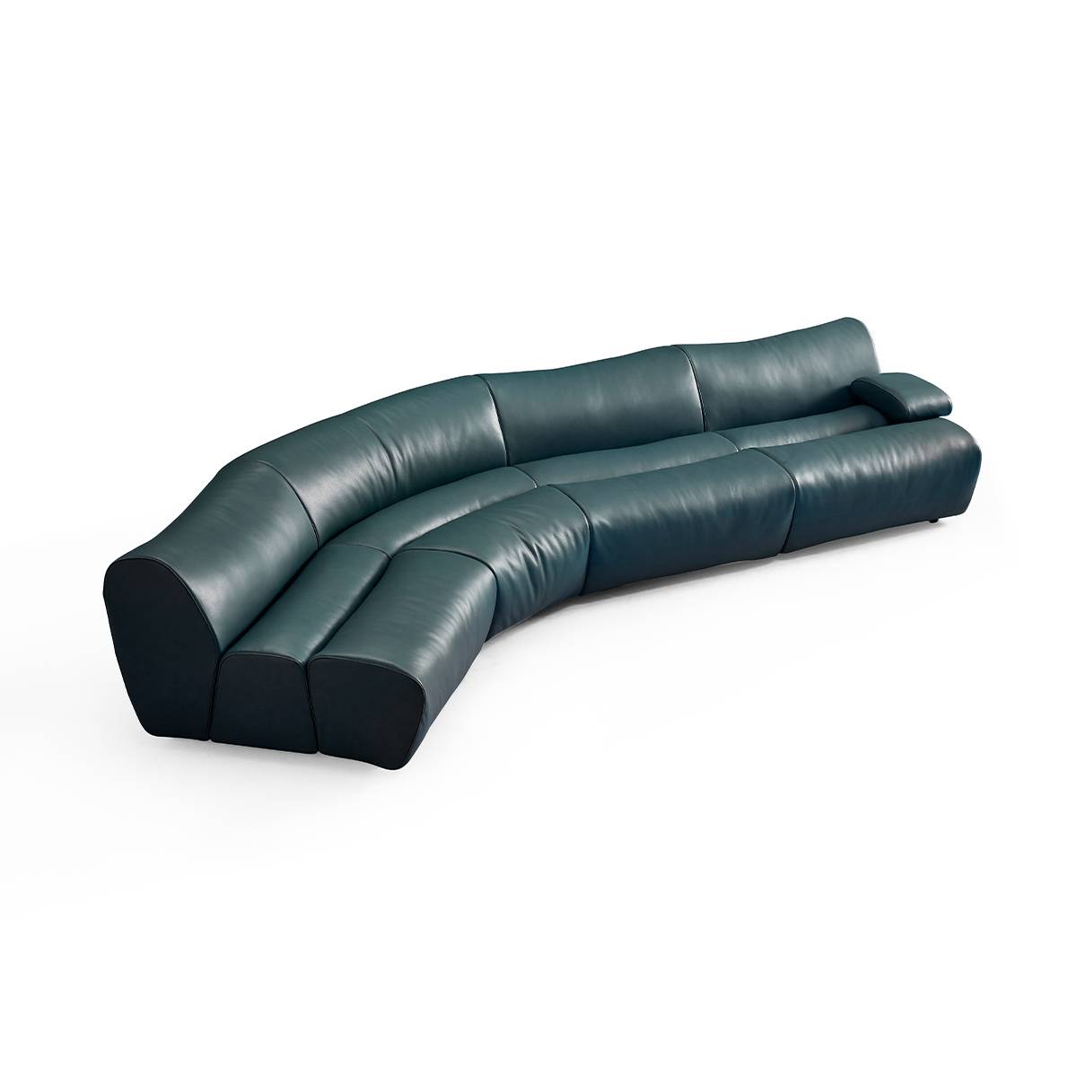 Front view of the teal bamboo joint leather sofa showing the segmented cushions