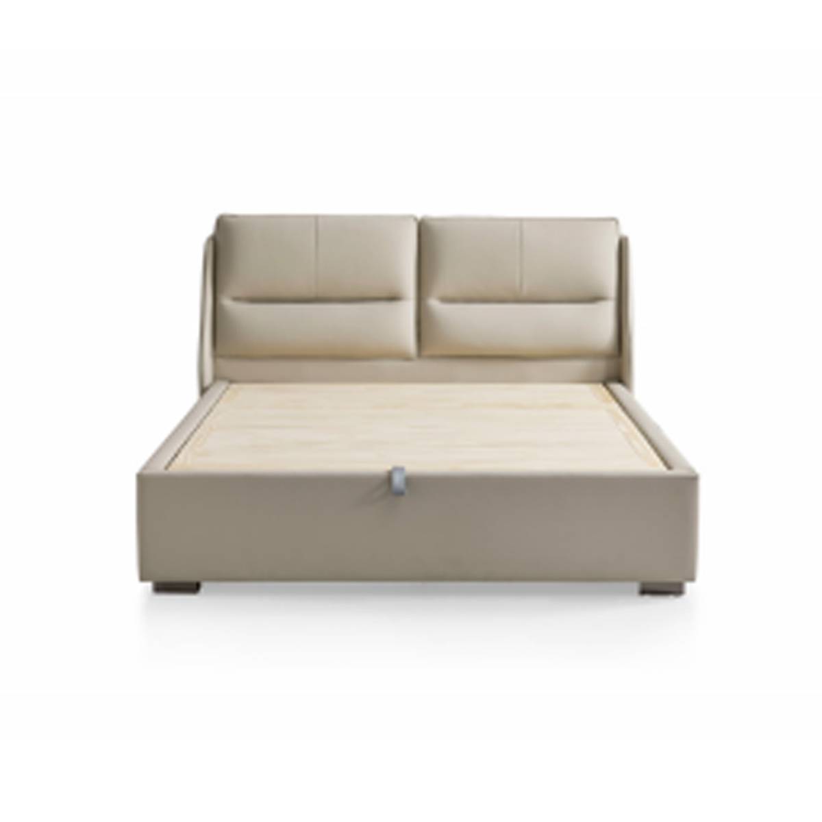 Front view of the beige leather bed frame