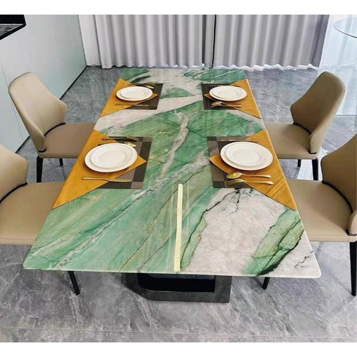 Full view of the dining table set with placemats and chairs in a dining room setting