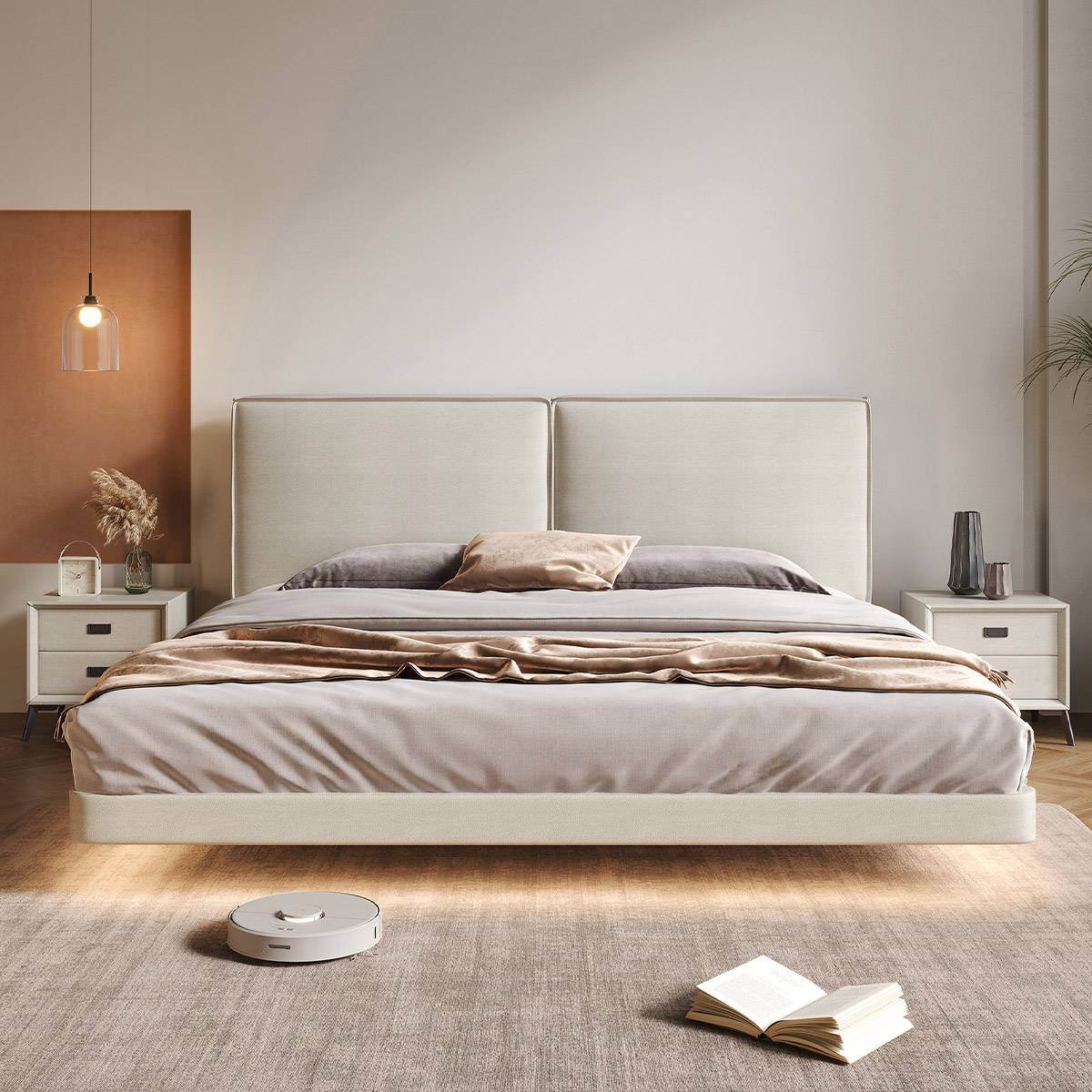 Front view of the beige floating bed showing the headboard and bedding