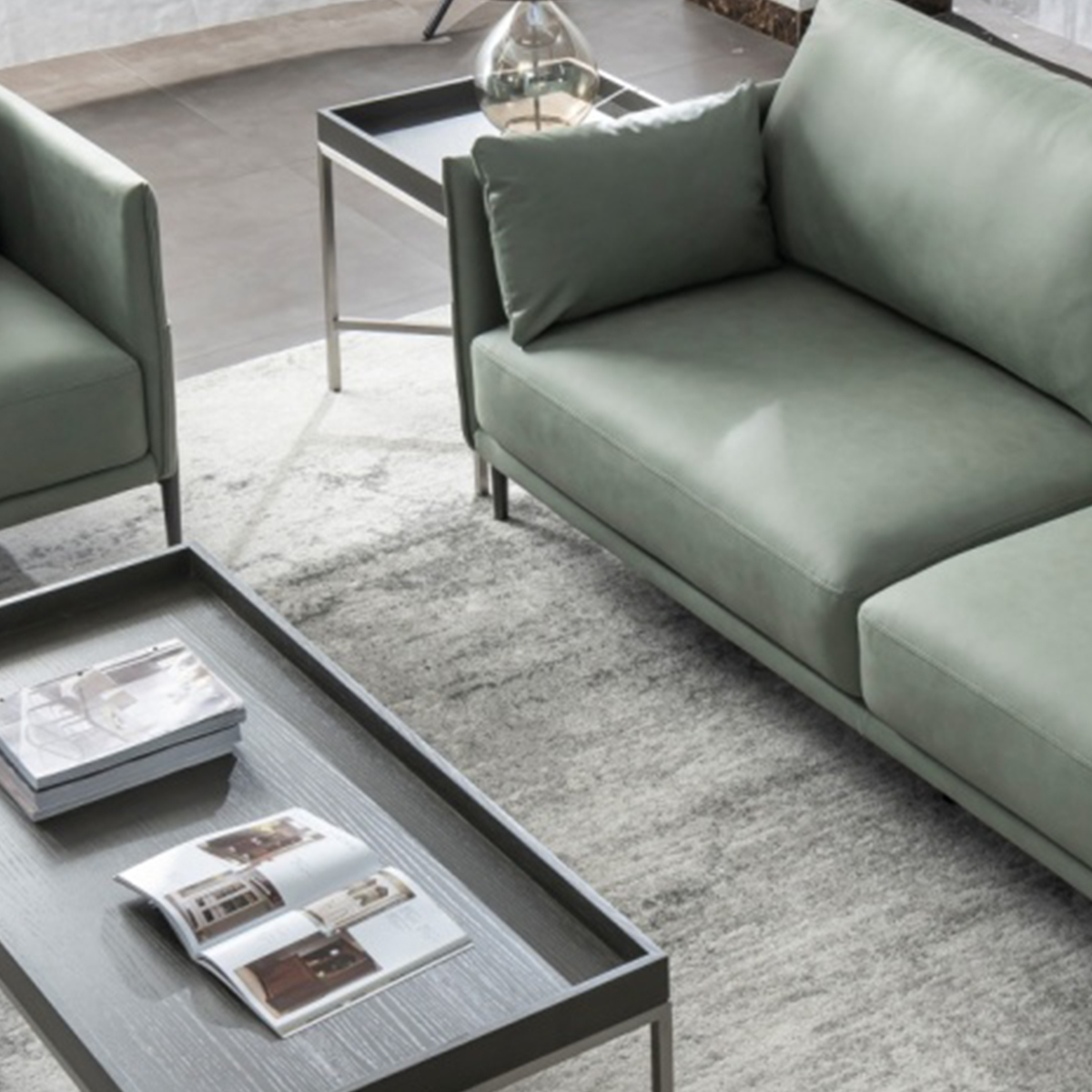 Detail shot of the sofa side pocket with magazine