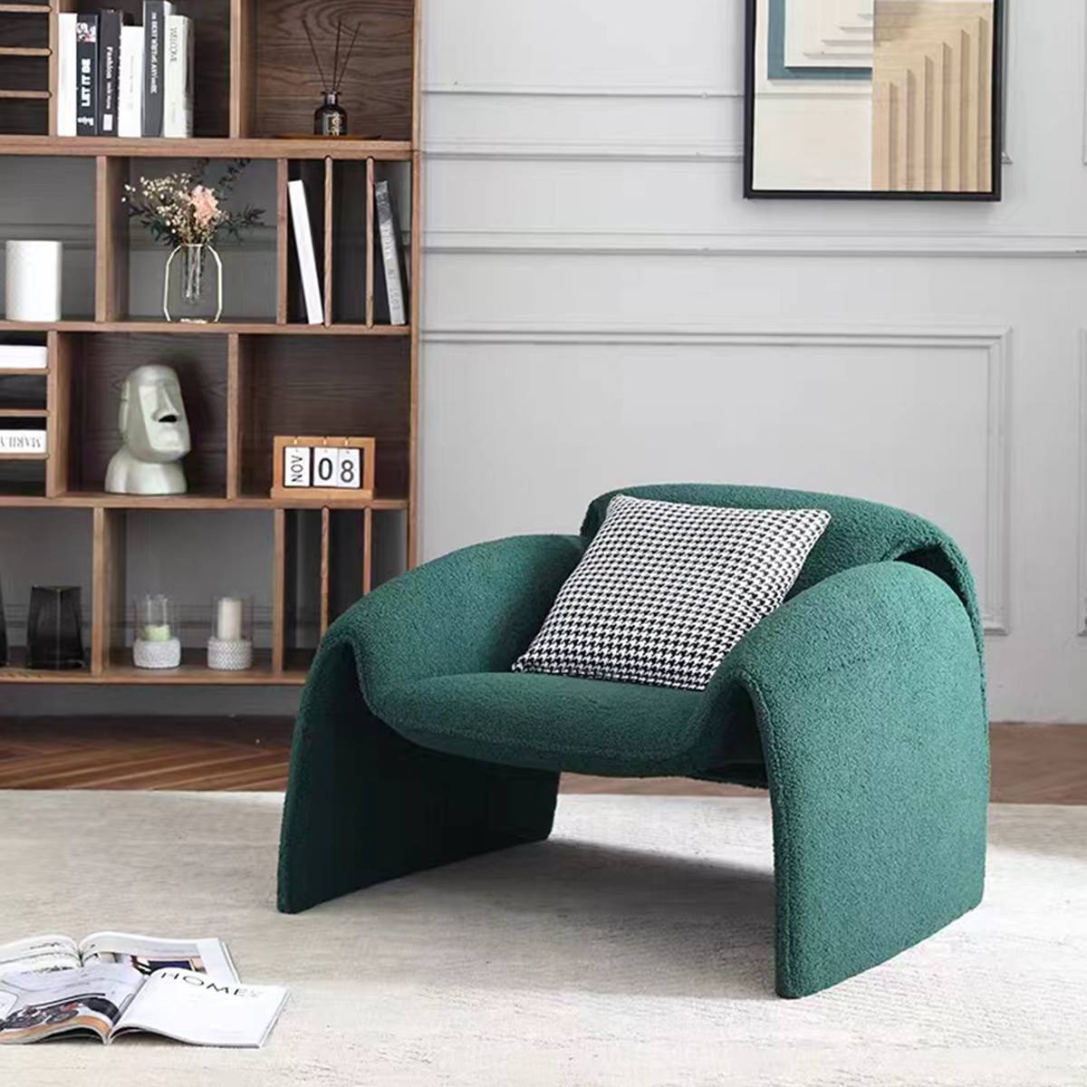 Green Crab Lounge Chair in living room setting with pillow