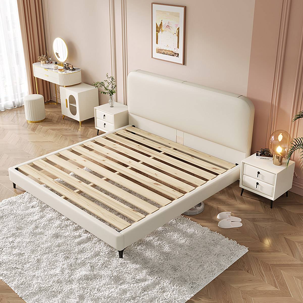 Bed frame showing the light wood pine bed boards