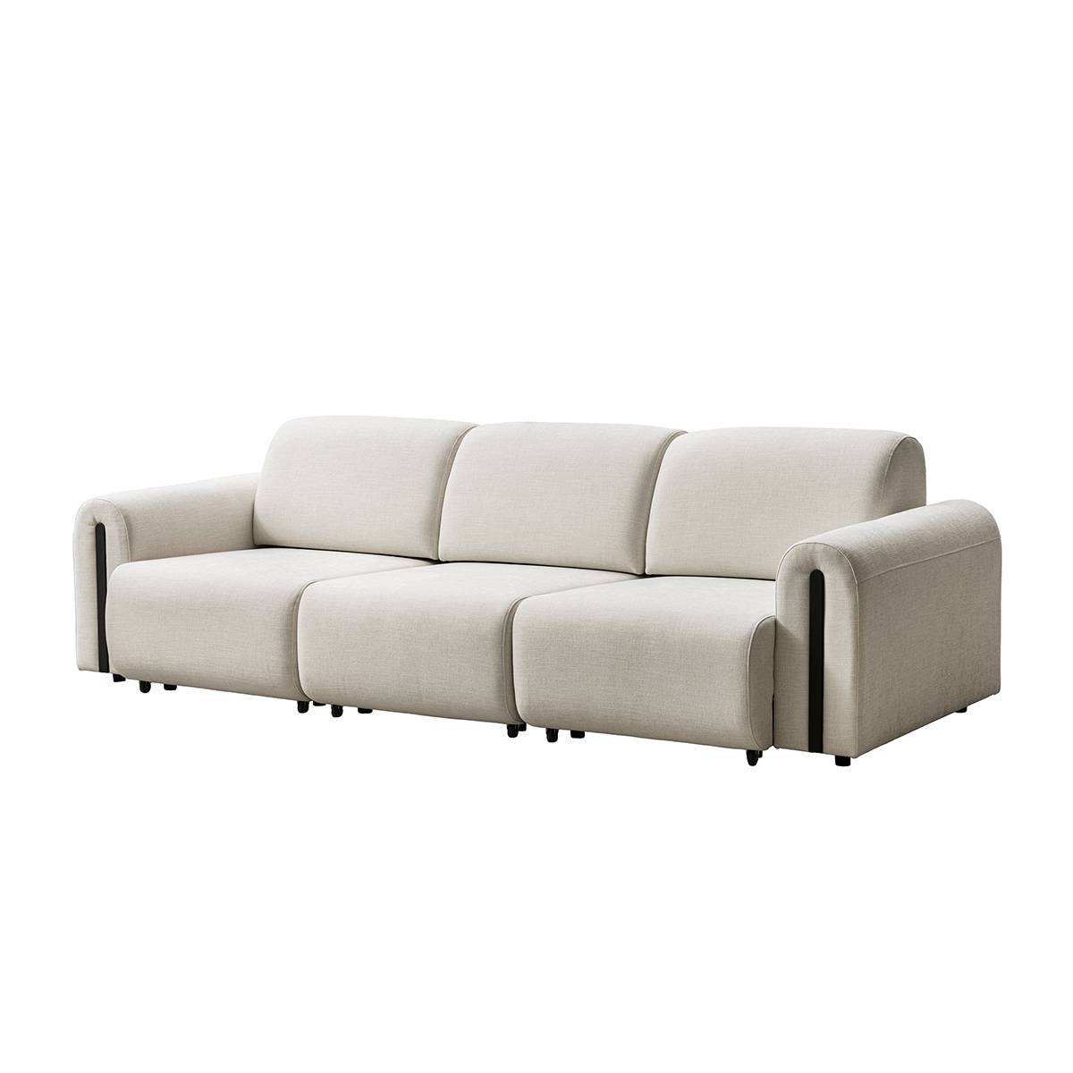 Three-seater beige fabric electric sofa with rolled arms and black accents
