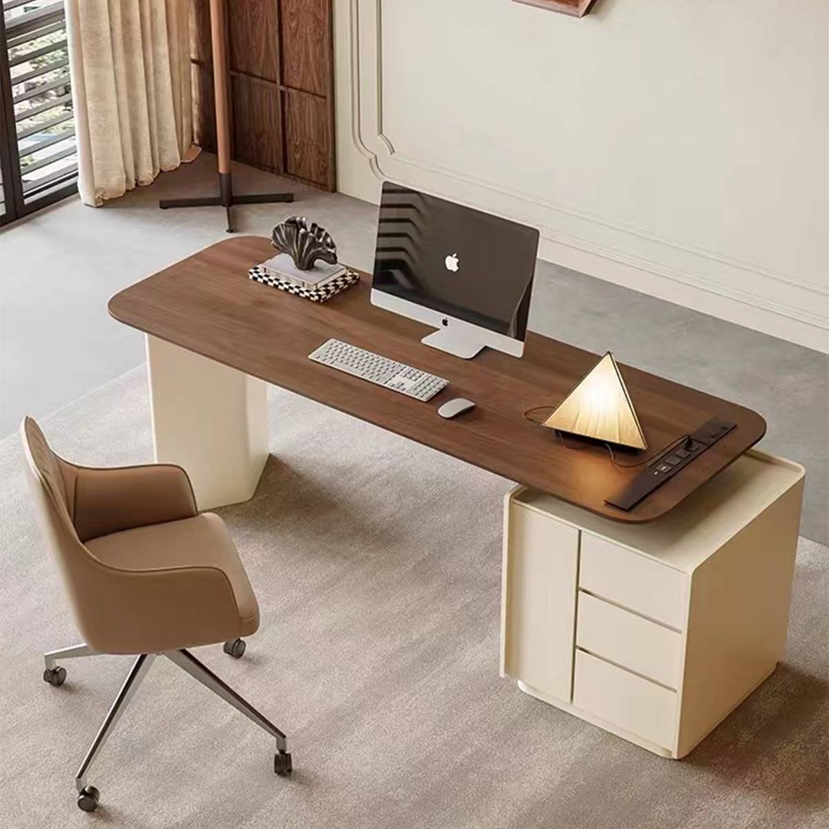 Side view of the desk showing the storage cabinet and drawers