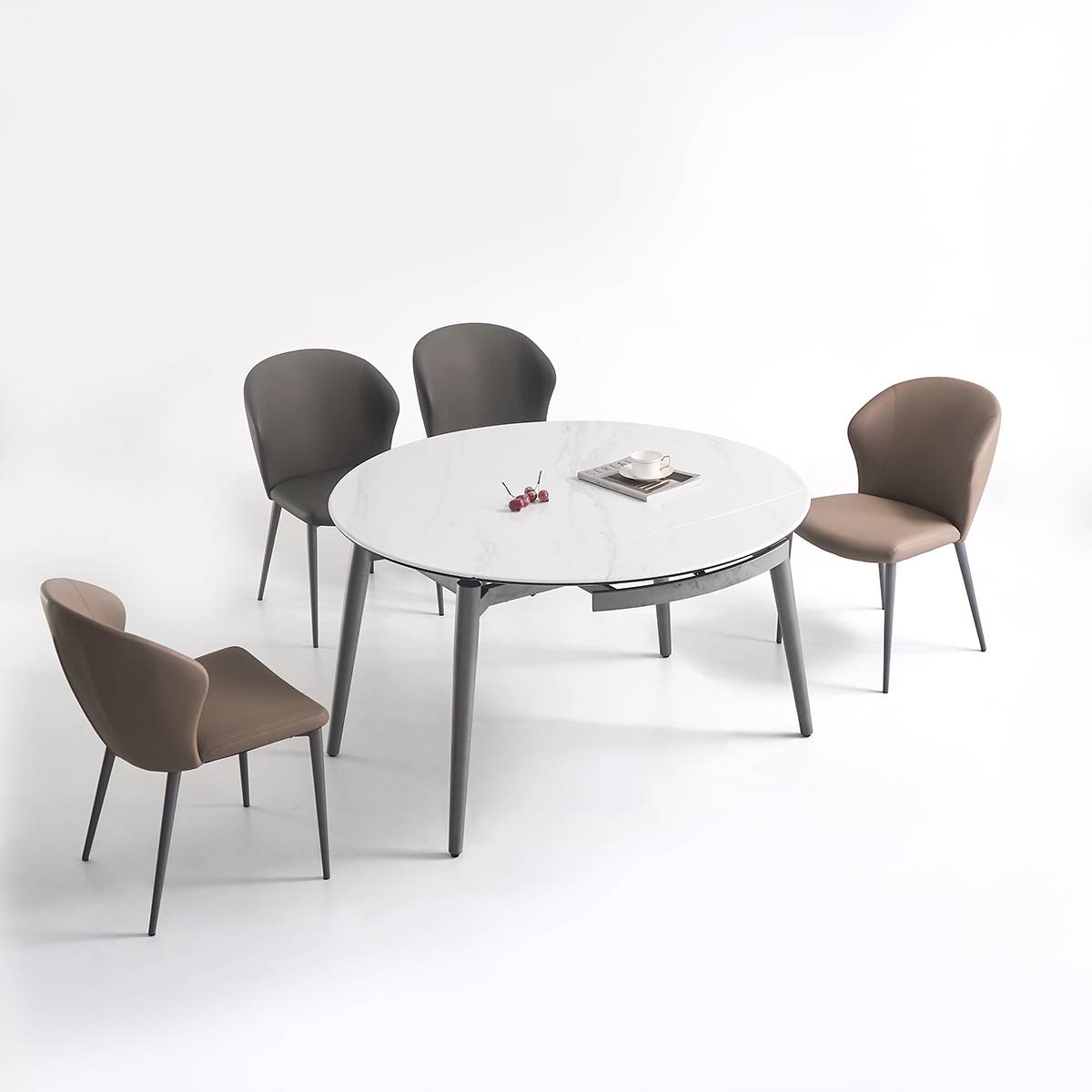 Dining table surrounded by four chairs from a different angle