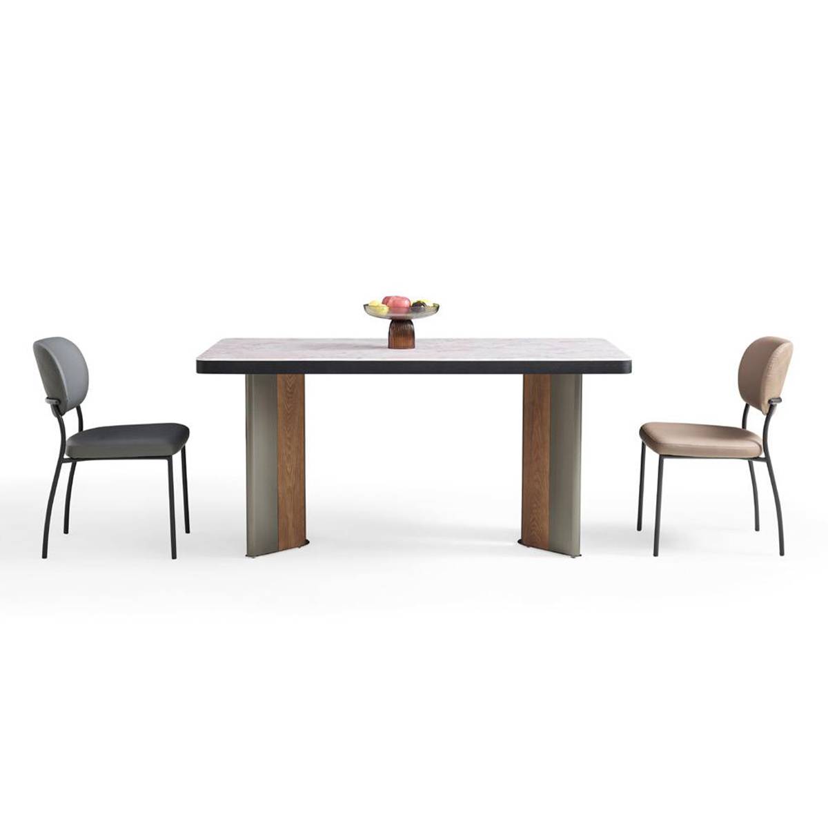 Dining table set with two chairs and a fruit bowl