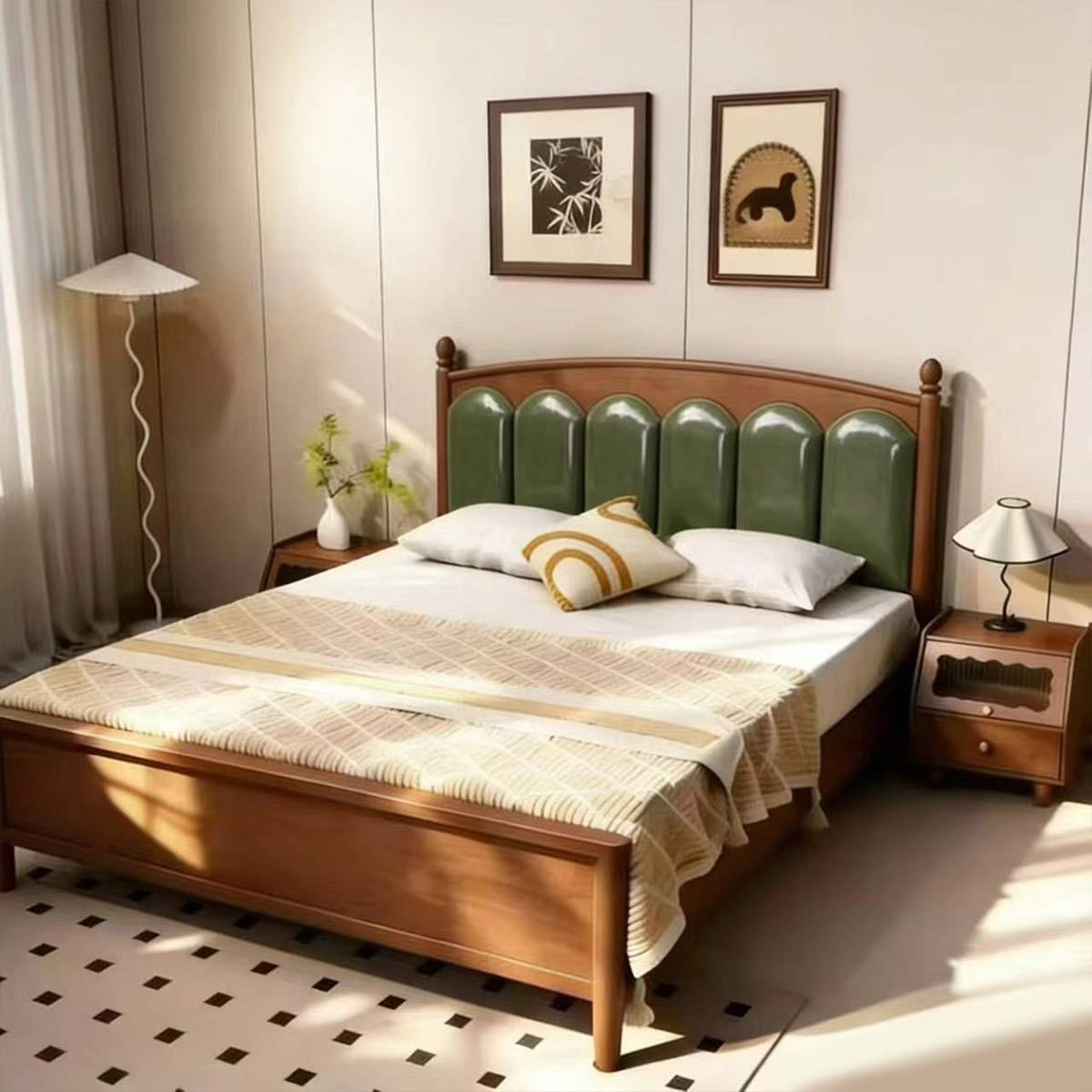 Mid-Century Solid Wood Upholstered Bed (A76-306 Fabric)