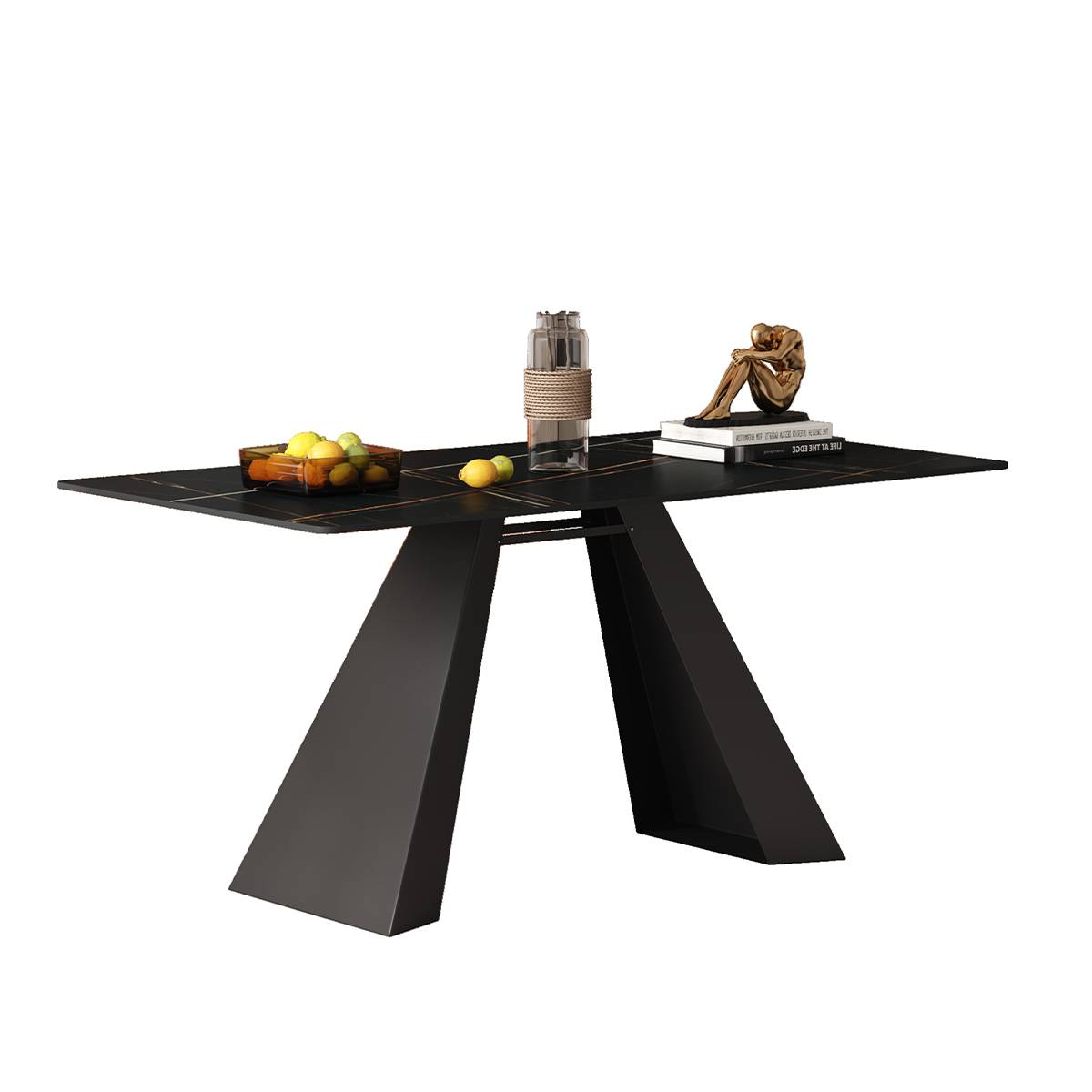 Dining table with black gold pattern top and decorative items