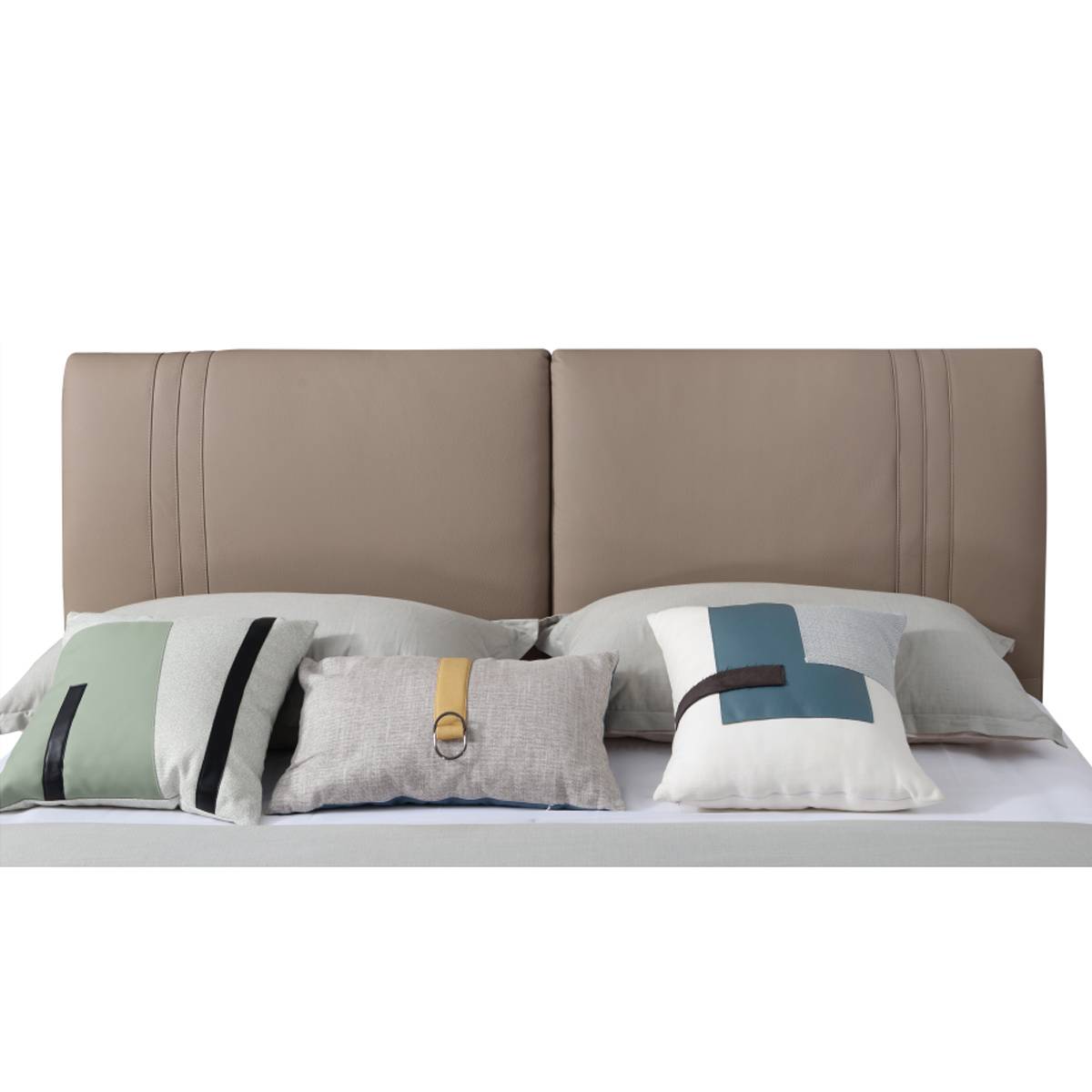 Front view of the bed headboard with decorative pillows