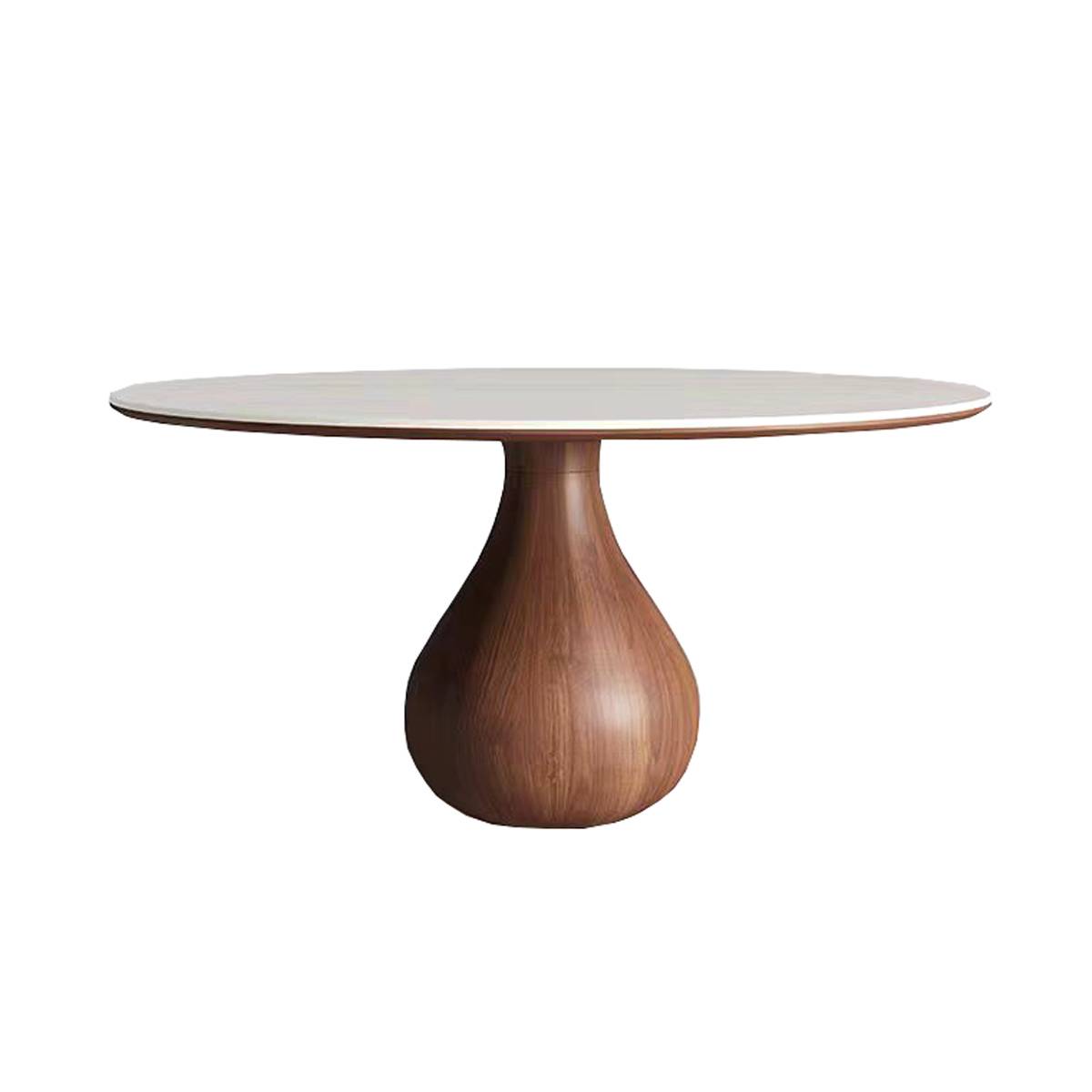 Front view of round dining table with white sintered stone top and walnut wood base