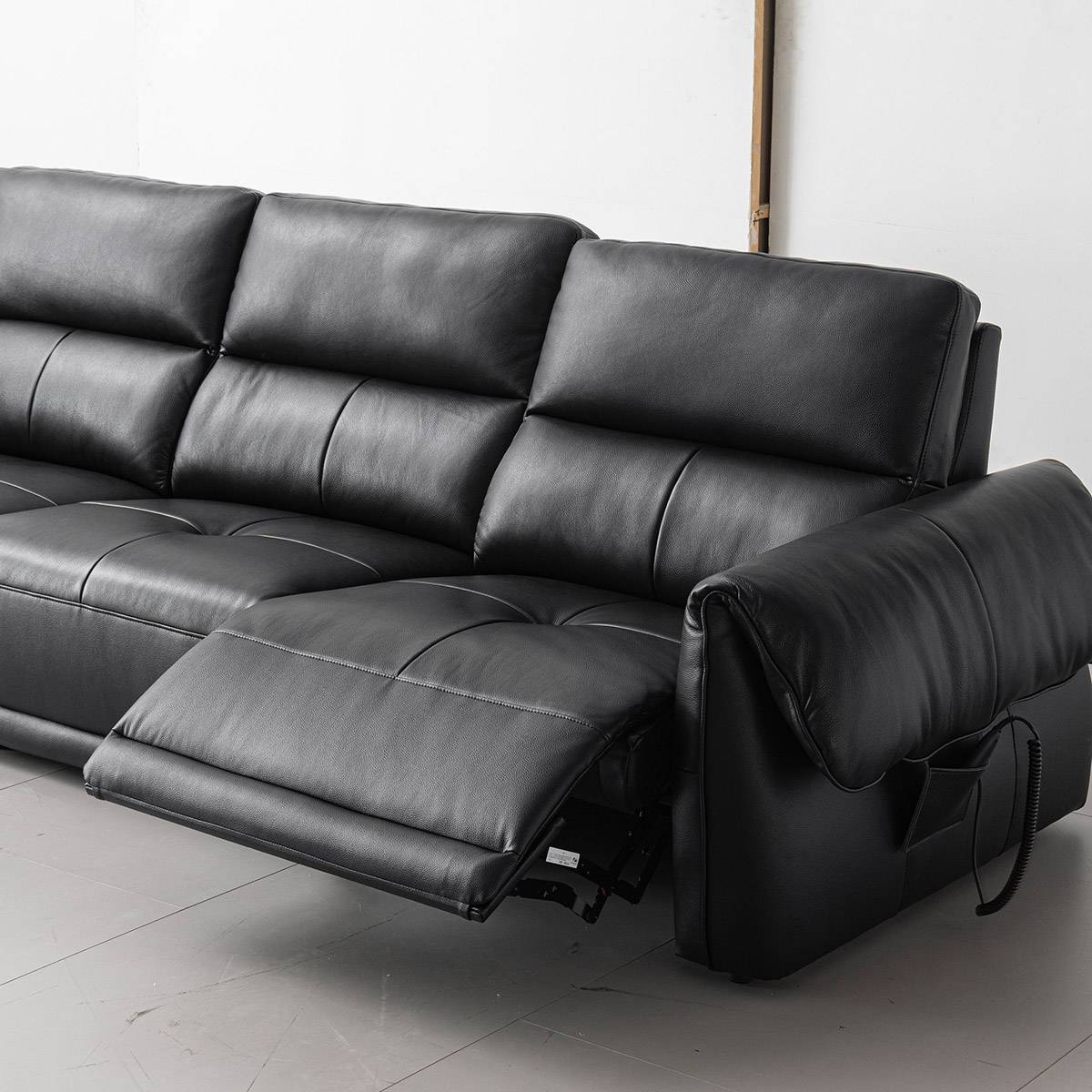 Close-up of the sofa's reclining mechanism extended