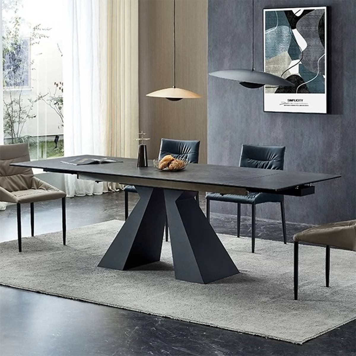 Dark grey sintered stone dining table in a modern dining room setting