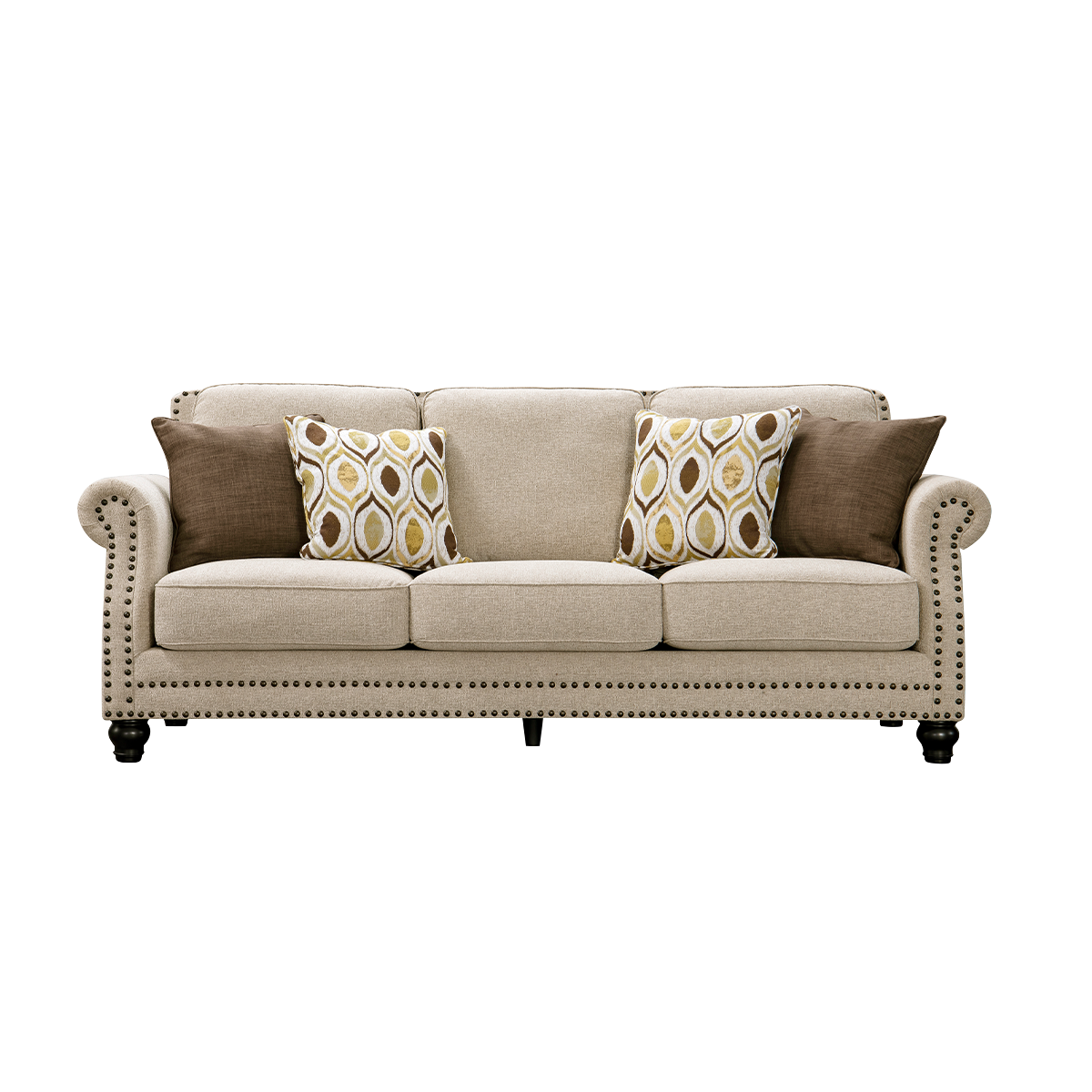 Front view of cream chenille sofa with nailhead trim and patterned throw pillows