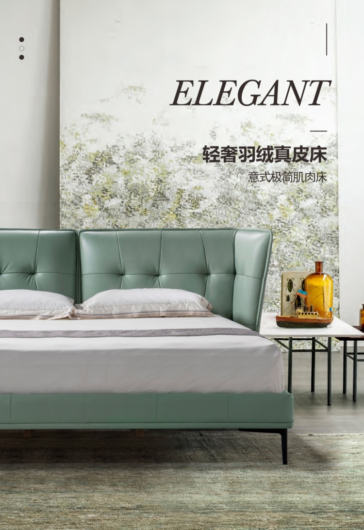 Close-up of the sage green leather headboard showing the tufted texture and stitching.
