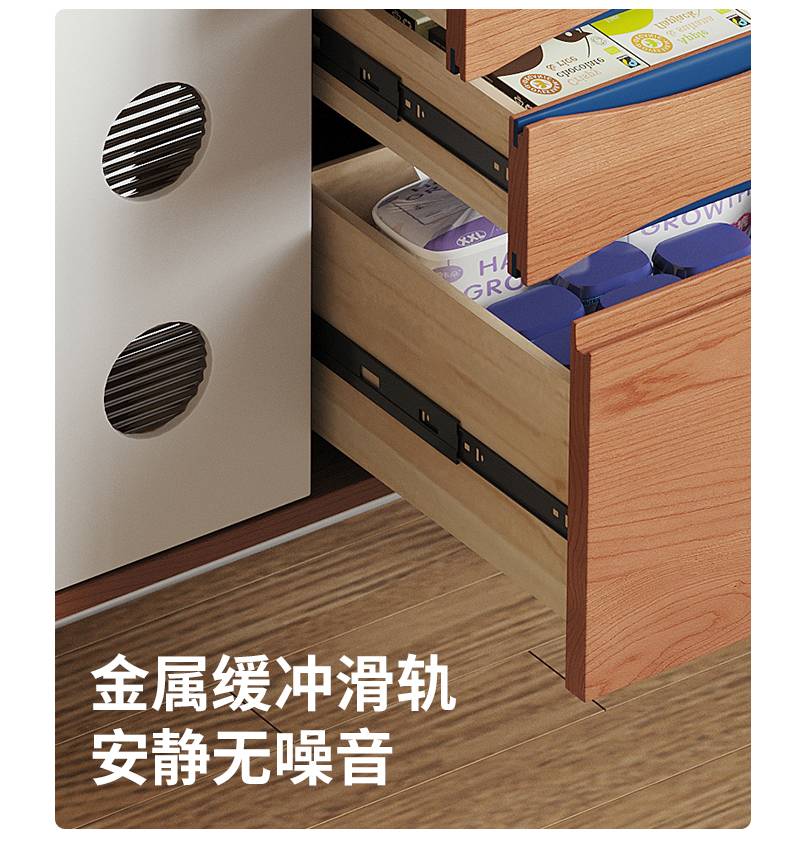 Detail shot of the metal buffer drawer slides ensuring quiet and smooth operation.