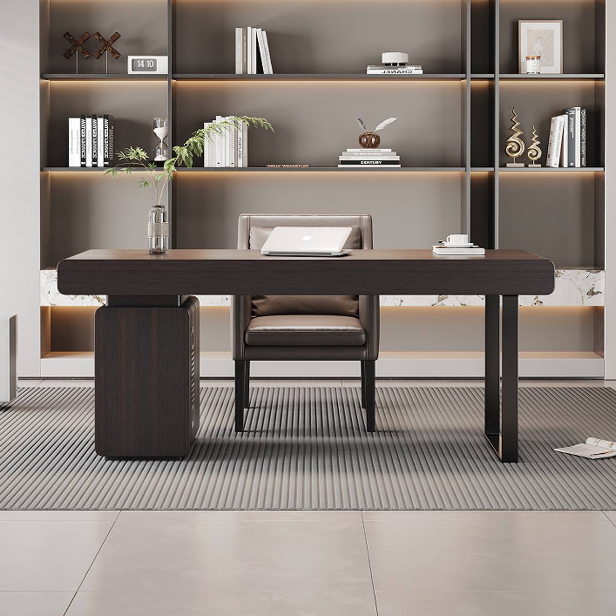 Front view of the desk against a shelving unit with books and decor