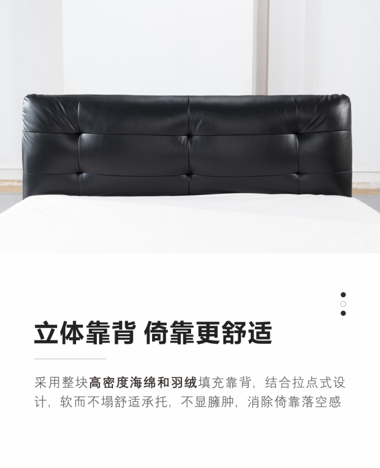 Close-up of the black leather tufted headboard.