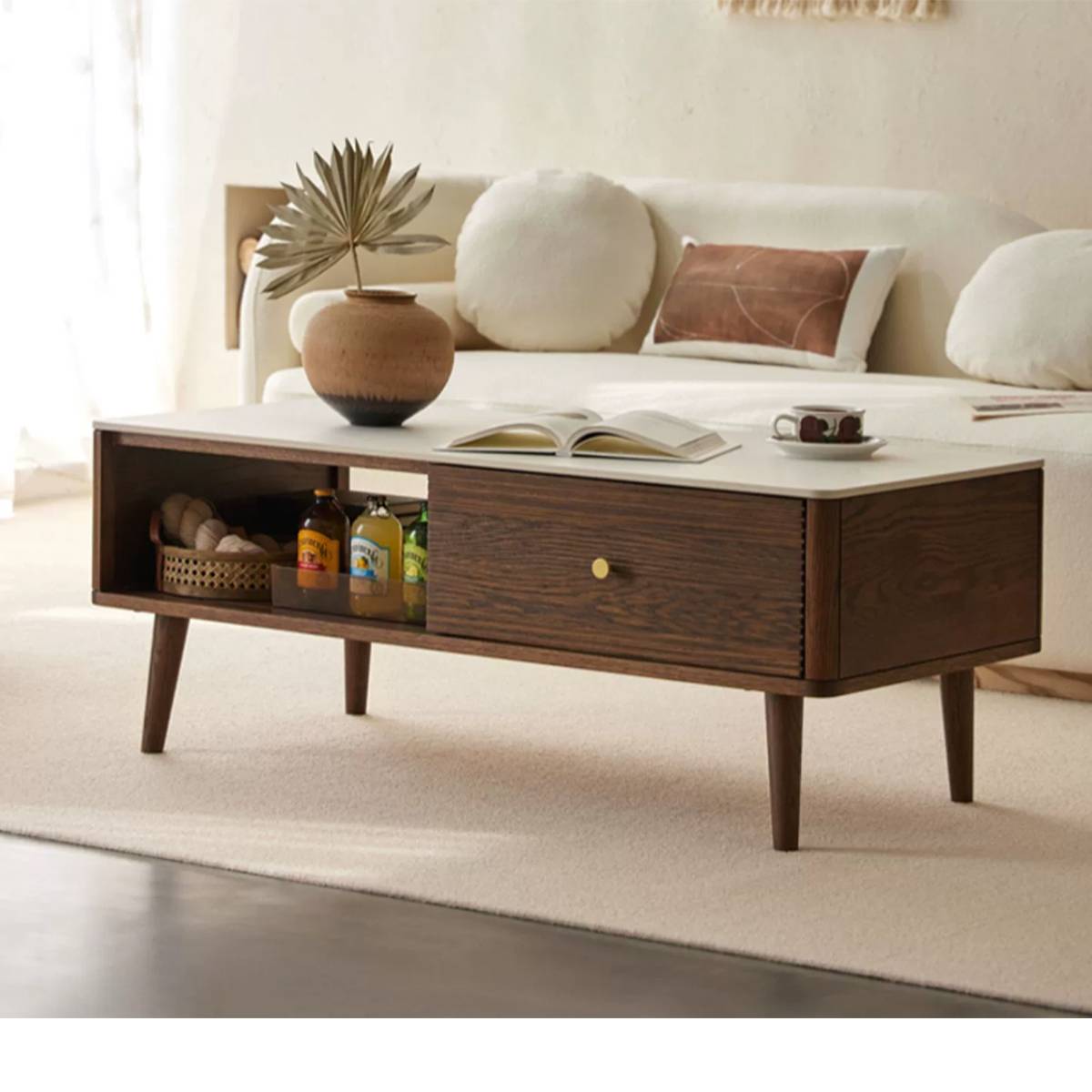 Side view of coffee table in a living room setting with sofa