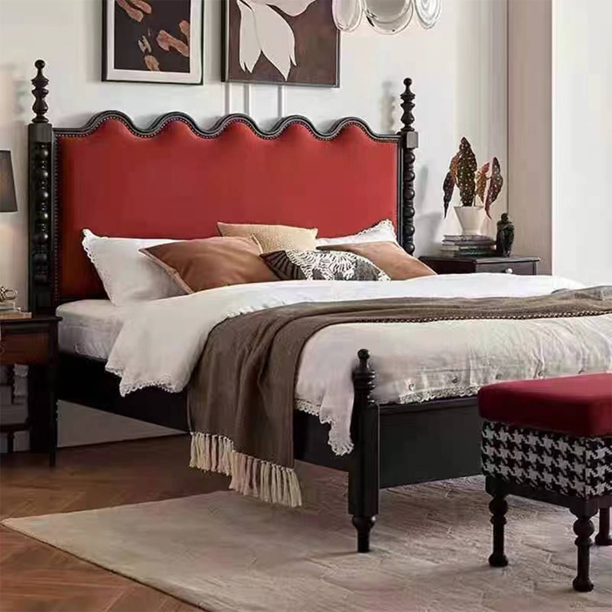 Close-up view of the bed corner and bench