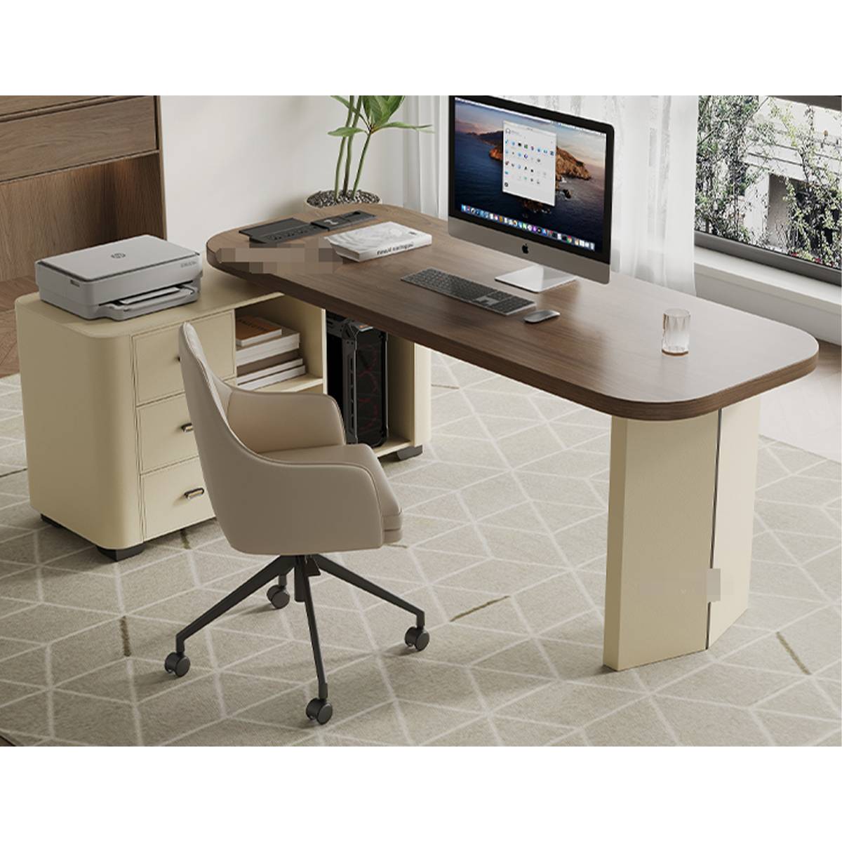 Front view of the desk with office chair, printer, and computer setup