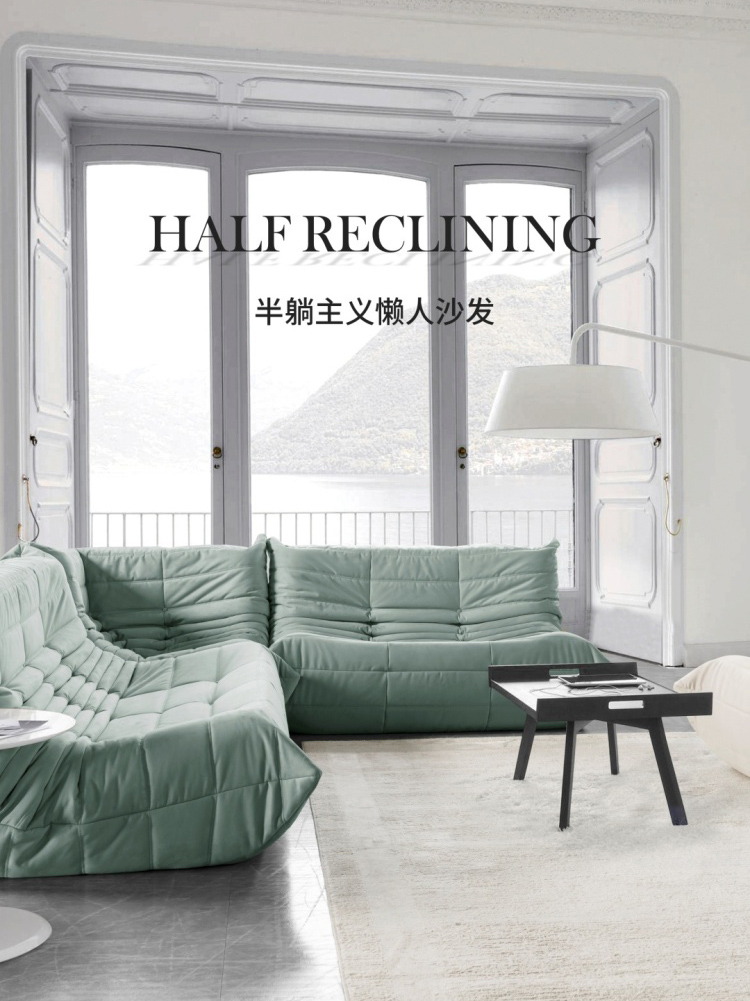 Green modular sofa set in a living room with text overlay