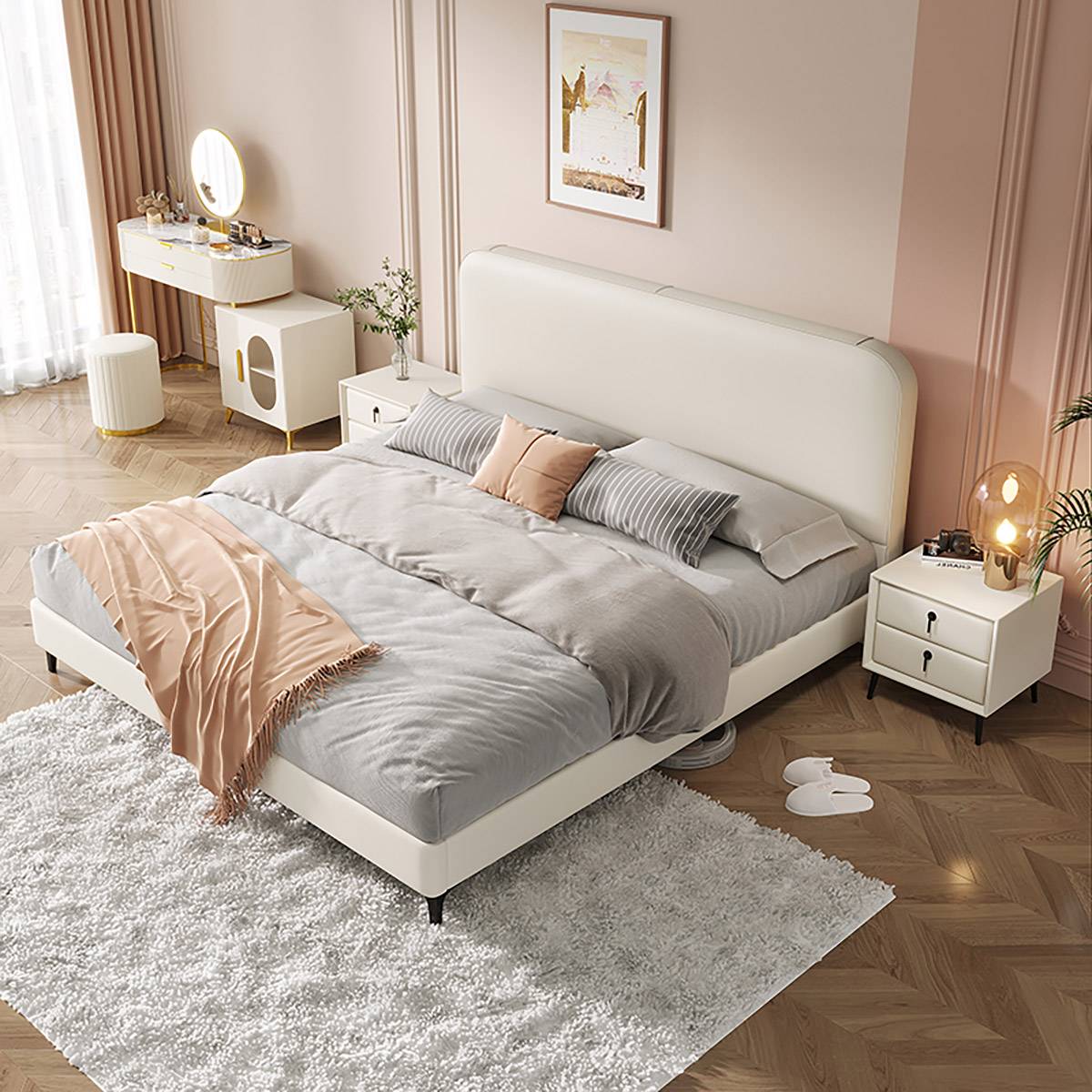 High angle view of the bed with grey bedding and beige throw