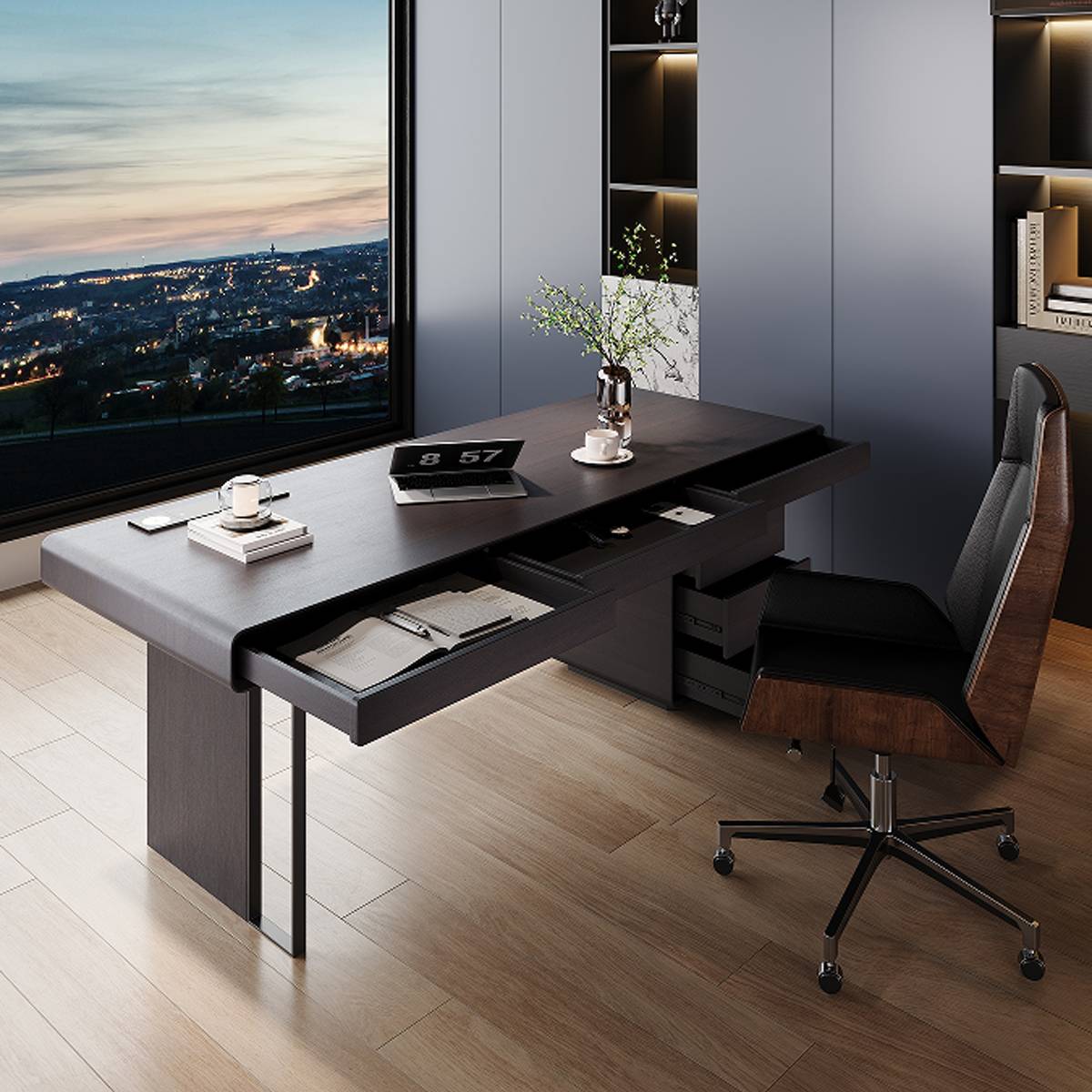 Desk with drawers open showing storage capacity and interior