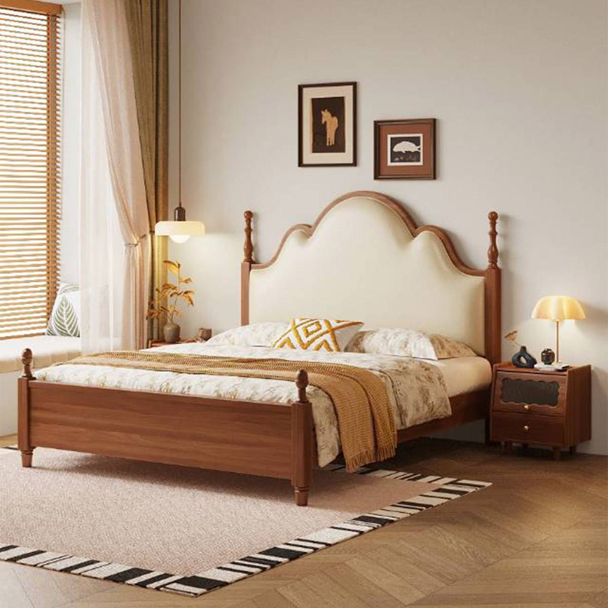 Mid-Century Solid Wood & Eco-Leather Upholstered Bed (A76-313)