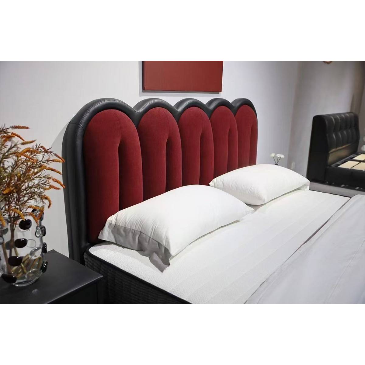 Close-up of the bed headboard and pillows