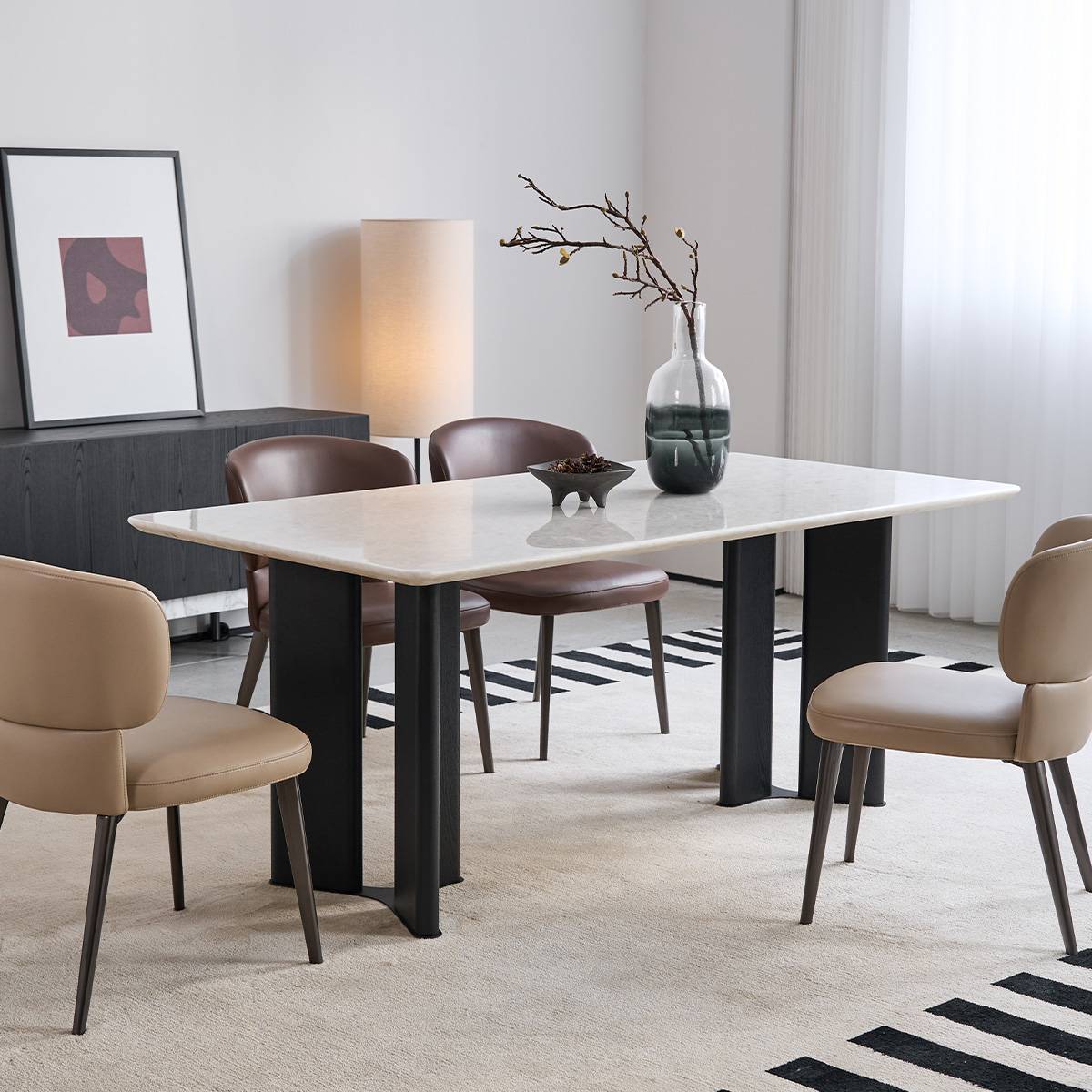 Side view of the dining table showing the thickness of the stone top and leg structure