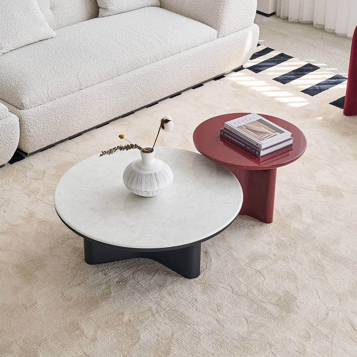 High angle view of the coffee table set on a rug