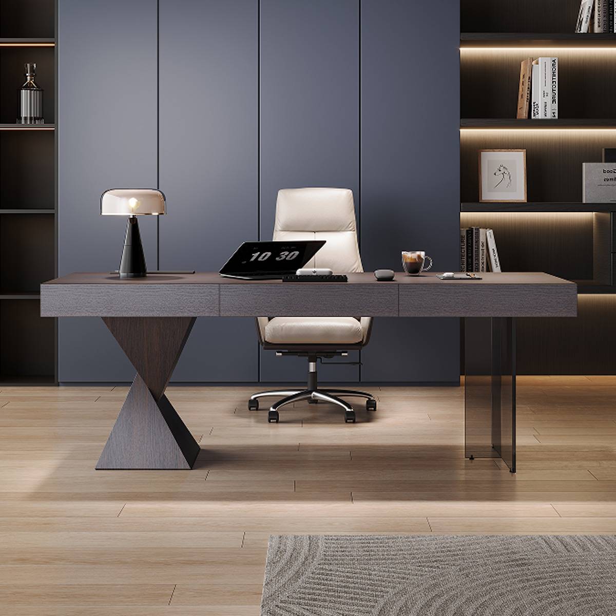 Front view of the desk with office chair and laptop setup