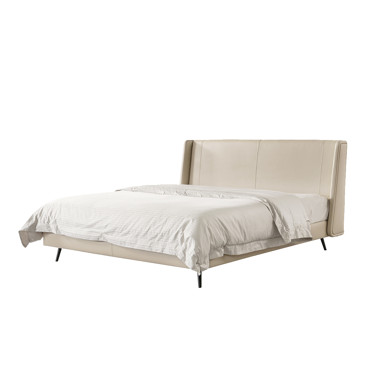 Side angle view of the beige upholstered bed against a white background