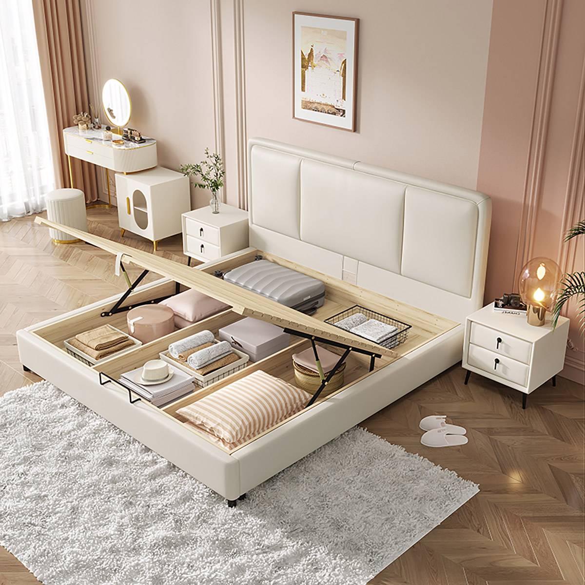 Grey upholstered bed with storage functionality in a modern bedroom setting