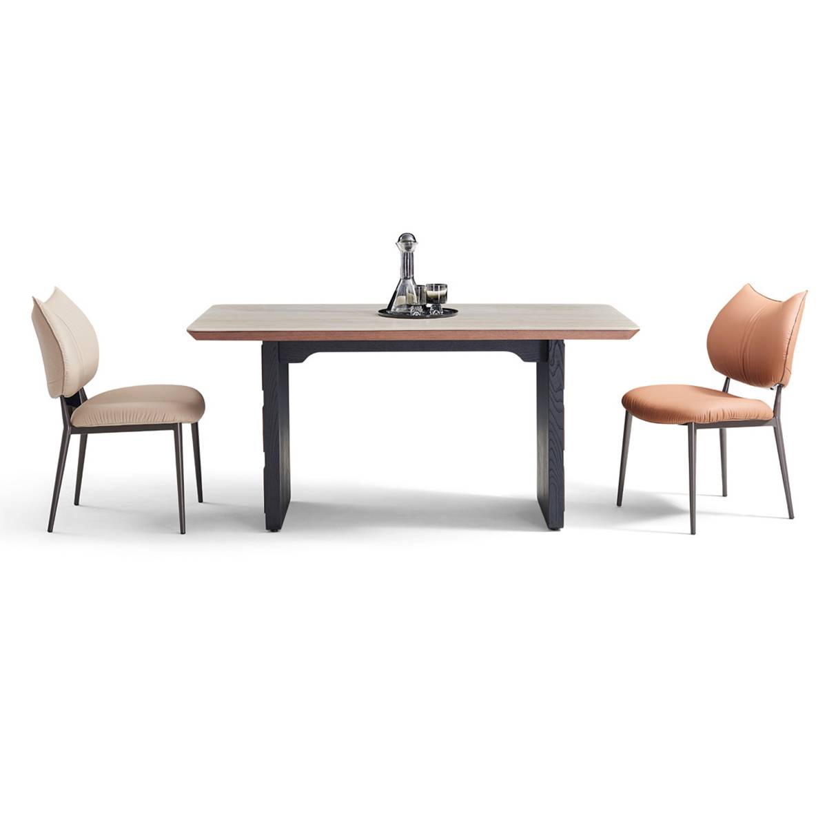 Front view of the dining table with two chairs
