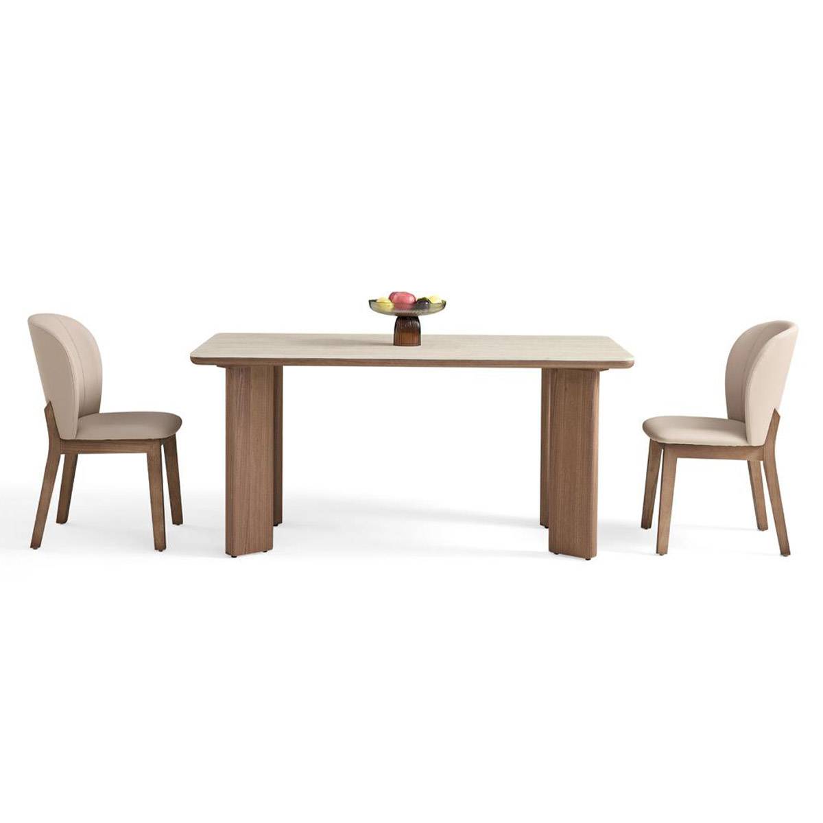 Front view of the dining table showing the solid wood legs and stone surface.