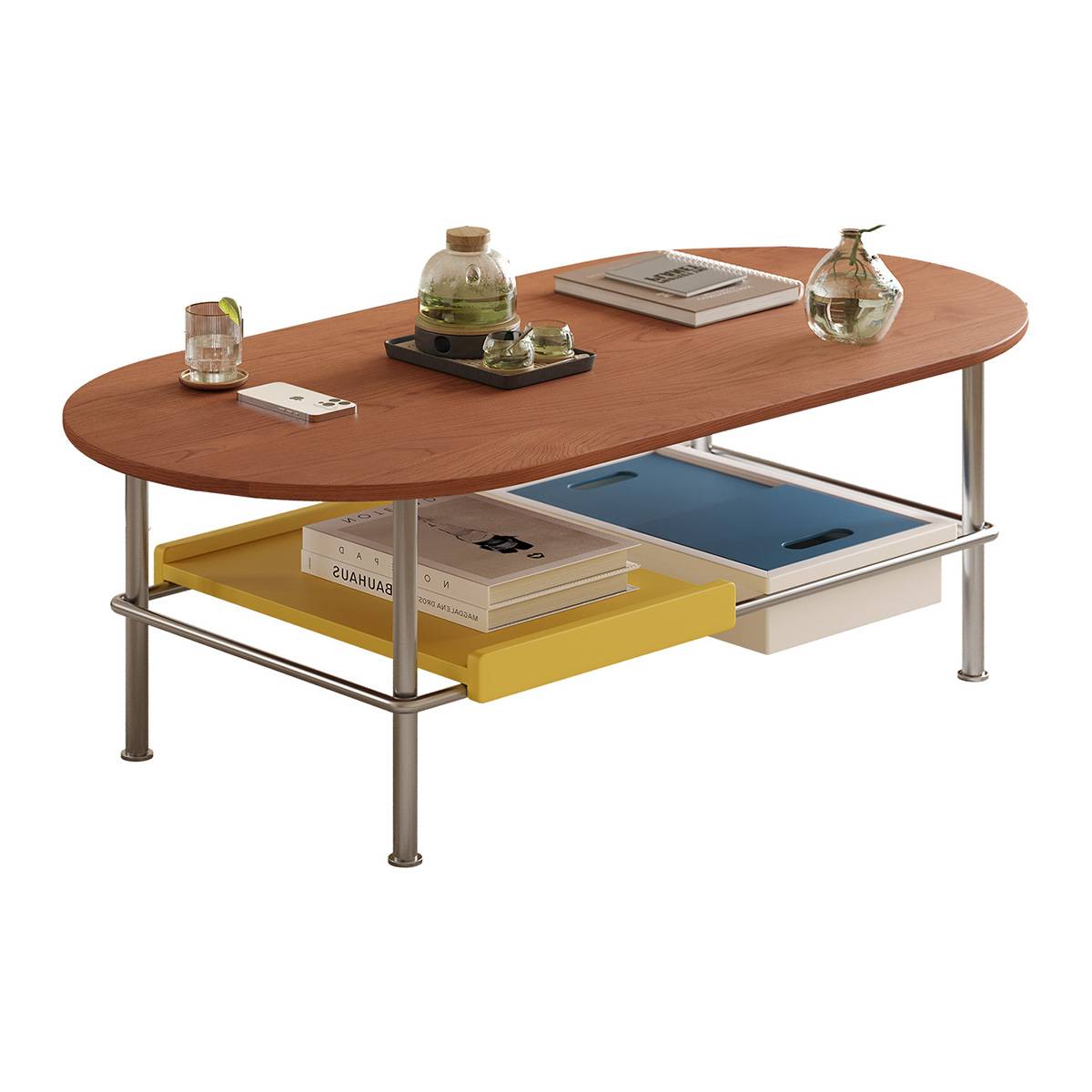 Studio shot of the coffee table against a white background showing the yellow and blue trays.