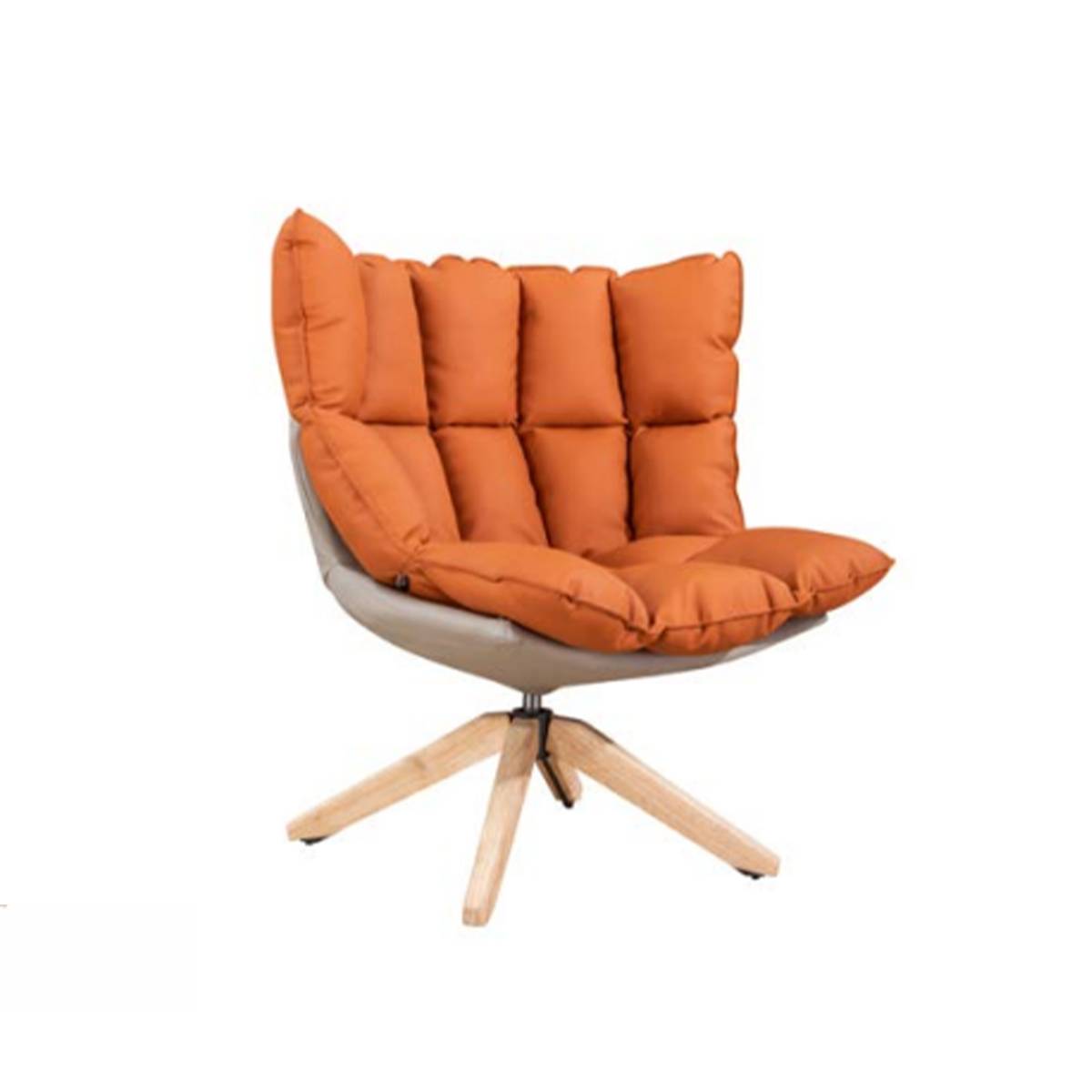 Orange and grey padded lounge chair with wooden swivel base