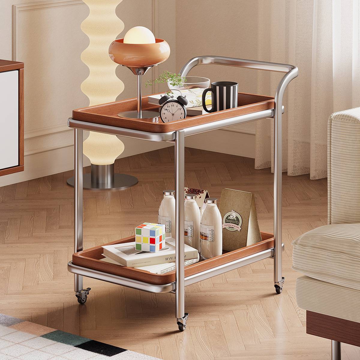 Side table placed in a living room setting next to a sofa